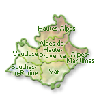 Provence-Alpes-C&ocirc;te-d'Azur : Alpes-de-Haute-Provence, Alpes-Maritimes, Bouches-du-Rh&ocirc;nes, Hautes-Alpes, Var, Vaucluse